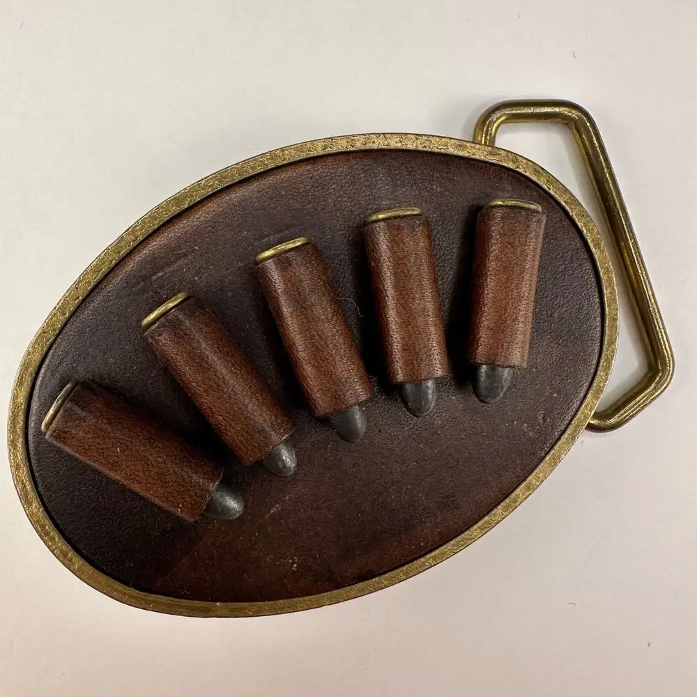 Vintage 1970’s BTS Leather and Brass .22 Caliber Cartridge Slide Belt Buckle